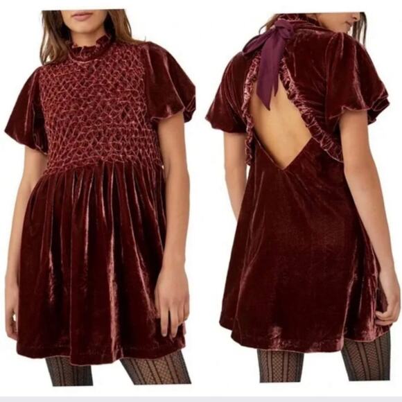 Free People NWT Gum Drop Mini Dress Size XS Brown Purple Shimmery Velvet - Picture 1 of 15